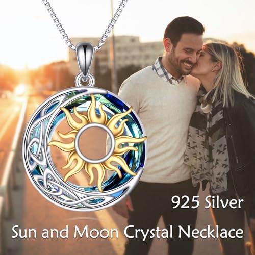 Sun and Moon Necklace for Women 925 Sterling Silver Celtic Crescent Moon Pendant Blue Opal/White Opal/Abelone Shell/Labradorite/Moonstone Jewelry Gift for Teen Girls - color: crystal