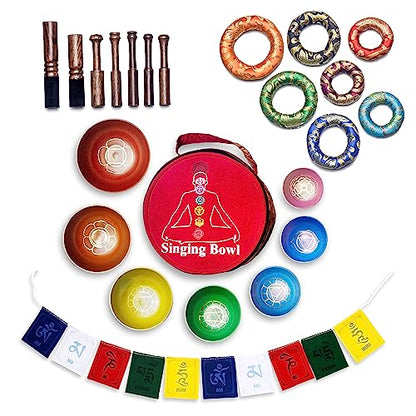 Khusi Tibetan Singing Bowl Set of 7, Handmade, 7 Colors, Chakra Healing, Relaxation, Stress Relief, Comes with Silk Cushions, 4 Sticks and Brocade Box