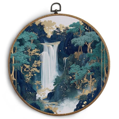 KTYHD Japanese Japandi Wall Art Decor, Traditional Waterfall Asian Round Canvas Wall Art, Oriental Emerald Abstract Green Pine Tree Landscape Walls Decor for Living Room Bedroom, Japandi Home Decor - color: Japandi-1