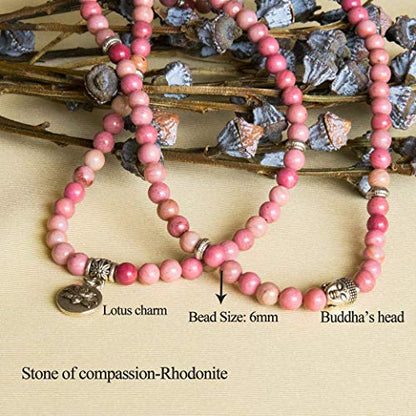 Bivei 108 Mala Beads Necklace Long Beaded Wrap Bracelets Genuine Gemstone Mala Prayer Beads Lotus Buddha Charm Yoga Meditation Necklace - color: Rhodochrosite-Lotus OM-Buddha