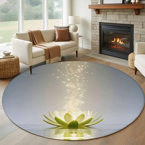 Zen Meditation Lotus Floral Round Area Rug 5 FT, Non Slip Bedroom Area Rug, Green Floral Modern Art Washable Soft Circular Carpet Non-Shedding Floor Mat for Kitchen Dining Room Foyer Balcony Dorm - size: 5' (Round)