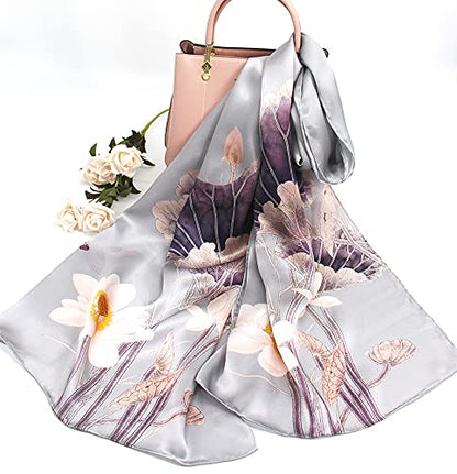 100% Mulberry Silk Long Scarf for Women Large Shawls for Headscarf and Neck- Oblong Hair Wraps with Gift Packed - color: Lotus Pond-light Grey