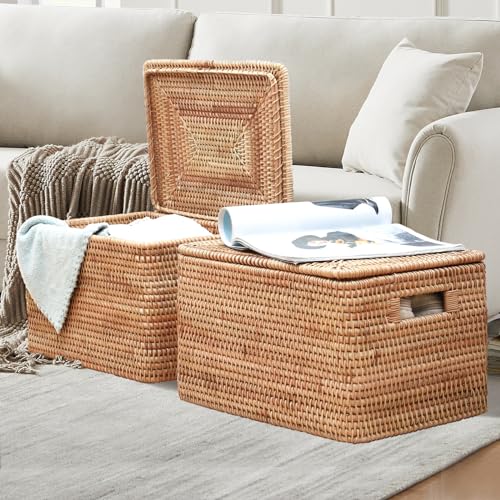Rattan Basket With Lid, Large Lidded Basket For Storage(15.75" L×14.17" W×11.81" H) - size: 15.75"×14.17" ×11.81"