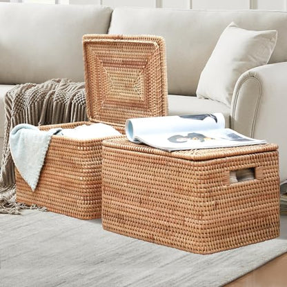 Rattan Basket With Lid, Large Lidded Basket For Storage(15.75" L×14.17" W×11.81" H) - size: 15.75"×14.17" ×11.81"