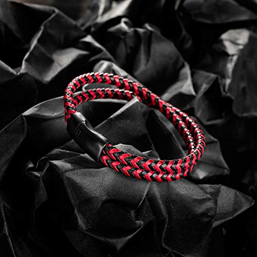 murtoo Mens Bracelet Leather Braided, Brown and Black Leather Bracelet for Men - color: Black-red, size: 8.46"