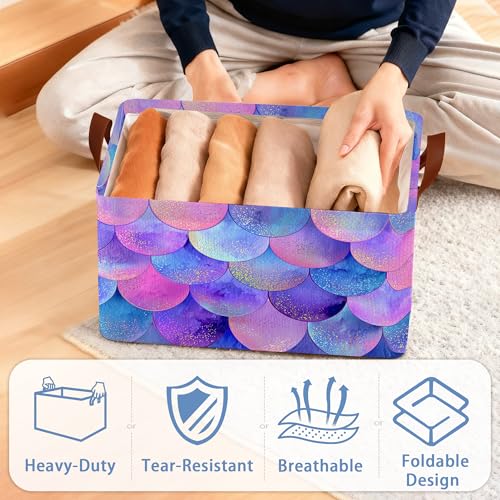Glitter Fish Scales Storage Baskets,Mermaids Foldable Organizer Bin with Handles for Home Living Room Bedroom Closet Box 17x11.5x10Inch - color: Glitter Fish Scales Mermaids