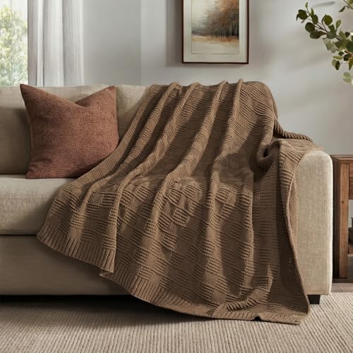 EVERGRACEHOME Modern Checkered Chenille Throw Blanket, Soft Cozy Plaid Knitted Blanket for Sofa & Couch, Decorative Knit Throw for Bed and Living Room, Camel Brown, 60" x 80" - color: Checkered Camel Brown, size: 60" X 80"