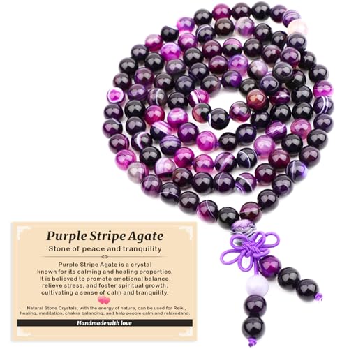 AD Beads 6mm 8mm 108 Prayer Mala Jasper Elastic Bracelet - Handmade Yoga Meditation Healing Power Energy Gifts for Unisex Adult. - color: Purple Stripe Agate(Tranquility)
