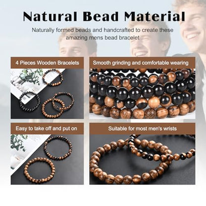 4PCS Wooden Mens Bracelet Beads,Small Beaded Bracelets For Men And Women Kit,8mm & 6mm Black Wood Beads,Natural Multi-Colored Bead