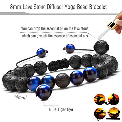 Men Women 8mm Lava Rock Aromatherapy Anxiety Essential Oil Diffuser Bracelet Braided Rope Natural Stone Yoga Gifts Beads Bracelet Bangle-21017 - style: A-Blue Tiger Eye
