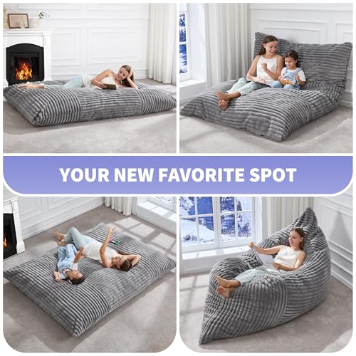 Hobestluk 3 in 1 Bean Bag Chair Giant Bean Bag Chairs Convertible Bean Bag Floor Cushion with Machine Washable Cover, Beanbag Chairs for Adult (Grey) - color: Grey