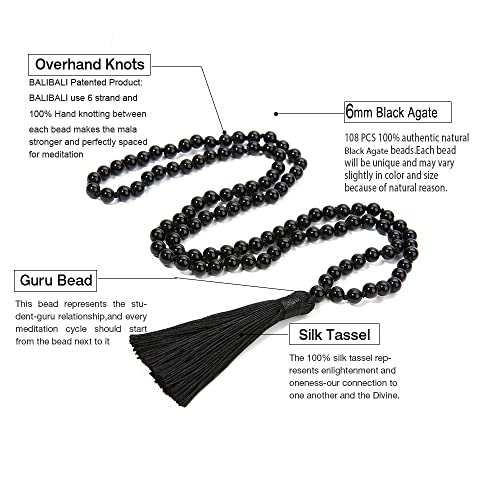 6MM Mala Beads Necklace Natural Amazonite Stone Meditation Statement Necklace Japa Yoga Rosary Prayer Charm Beaded Tassel Necklace - style: Natural Black Agate