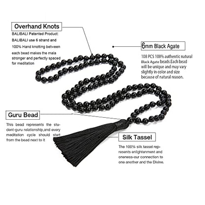 6MM Mala Beads Necklace Natural Amazonite Stone Meditation Statement Necklace Japa Yoga Rosary Prayer Charm Beaded Tassel Necklace - style: Natural Black Agate