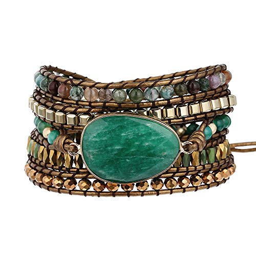 Plumiss Women Boho Handmade Natural Stone Crystal Leather Bead Wrap Bracelets Collection - style: Green Aventurine 5W