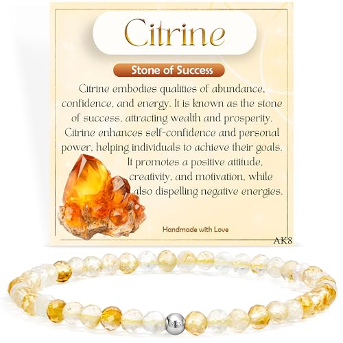 Beaded Bracelets for Women, Handmade Natural Stone Tiny 4mm Beads 925 Sterling Silver Dainty Stretch Bracelets, Chakra Crystal Gemstone Jewelry Gifts - color: Citrine (Stone of Success), size: Large 7.7-7.9 inch