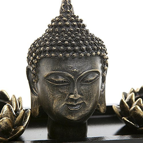 MyGift Black Buddha Head Sculpture Zen Garden Set with Lotus Tealight Candle Holders and Wooden Display Tray, Decorative Tabletop Home Accent