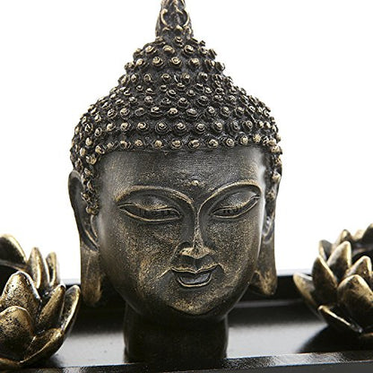 MyGift Black Buddha Head Sculpture Zen Garden Set with Lotus Tealight Candle Holders and Wooden Display Tray, Decorative Tabletop Home Accent