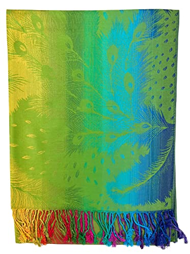 Plum Feathers Tapestry Ethnic Paisley Pattern Pashmina Shawl Scarf, Womens Pashmina Shawl Wrap with Fringes - color: Lime Peacock Rainbow