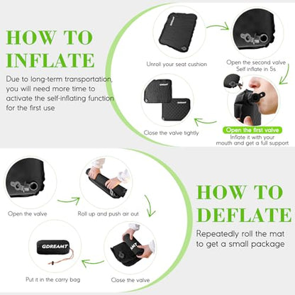 Inflatable Seat Cushion, Self-Inflating Memory Foam Stadium Seats Cushion Portable Camping Air-Foam Sitting Pad for Travel Airplane Car Bleachers Backpacking Office, Lightweight & Compact - color: Black