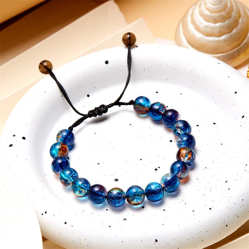 LANG XUAN Beaded Stretch Bracelets for Women Men Healing Crystal Stone Bracelet Bead Adjustable Unisex Gemstones Bracelets 10MM Weave Jewelry Gifts - color: 2pcs Blue brown