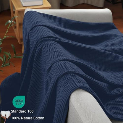 100% Cotton Waffle Blanket (Navy Blue - Throw Size - 50 * 60''), Pre-Washed and Anti-Shrinkage Soft Lightweight Bed & Couch Blanket, 380 GSM Waffle Weave Throw Blanket for All Seasons - color: Navy Blue, size: Throw (50"*60")