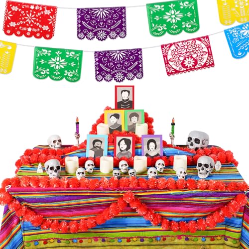 23 Pcs Day of The Dead Altar Decorations Set, Marigold Garland Mexican Banner Table Runner Paper LED Light Supplies Dia De Los Muertos Ofrendas Altar Decorations