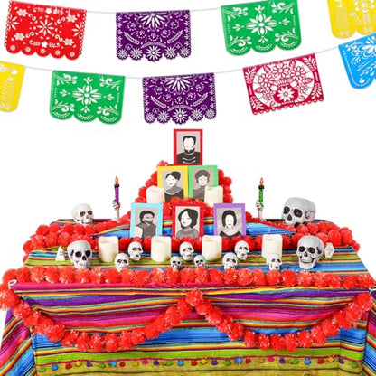23 Pcs Day of The Dead Altar Decorations Set, Marigold Garland Mexican Banner Table Runner Paper LED Light Supplies Dia De Los Muertos Ofrendas Altar Decorations