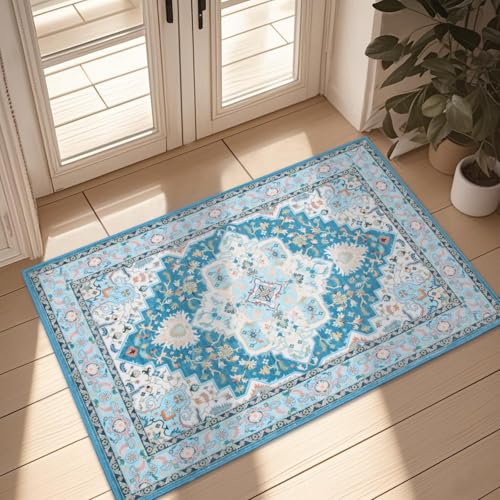 WILLSUN Washable Area Rugs, 2x3 Non-Slip Boho Small Area Rugs for Entryway, Kitchen, Bathroom, Machine Washable Vintage Rug, Indoor Floral Print Carpet for Home Decor, Kid & Pet Friendly Mat - color: Blue, size: 2' x 3' (Rectangular)