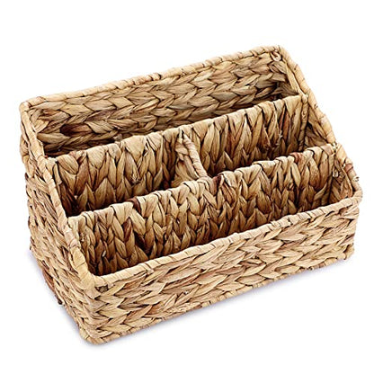 BTSKY Woven Divided Storage Basket Natural Hyacinth Vertical Wicker Storage Baskets 4 Compartments Desktop Home Office Supplies Sorter Rack