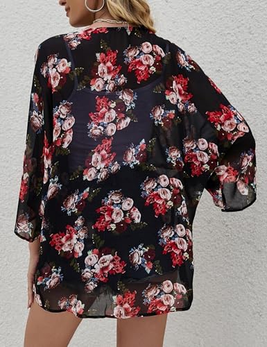 Chunoy Women Floral Beach Wear Cover Up Chiffon Kimono Cardigan Open Front Blouse Top - color: D2007 Black, size: Large