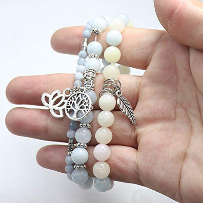 Tree of Life Yoga Healing Stone Bracelets,Multilayer Lotus Chakra Stone Reiki Bracelet Sets,Anxiety Crystal Natural Stone,for Women Stress Relief - style: Aquamarine + Morganite