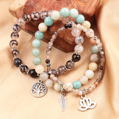 Tree of Life Yoga Healing Stone Bracelets,Multilayer Lotus Chakra Stone Reiki Bracelet Sets,Anxiety Crystal Natural Stone,for Women Stress Relief - style: Black dragon agate + amazonite