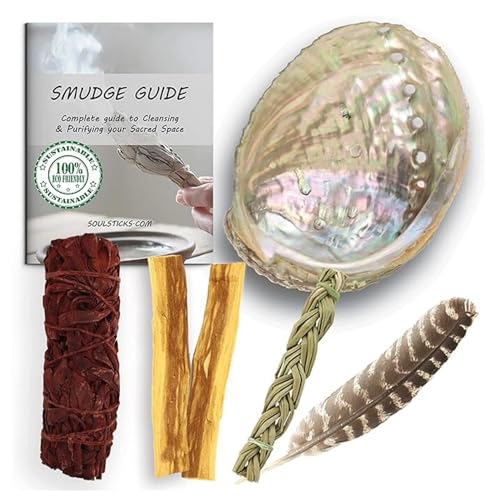 Ancient VEDA Organic Smudge Kit – Dragon's Blood, Palo Santo, Sweetgrass, Abalone Shell, Feather & Smudge Guide | Smudging Kit for Home Energy Cleansing, Meditation (Healer's Kit, Dragon's Blood Sage) - color: Dragons Blood Sage, size: Healer's Kit