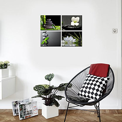 VVOVV Wall Decor Zen Wall Decor Zen Stone Elegant Lotus Flower Painting Green Bamboo Wall Pictures Bathroom Spa Room Decor Framed Gallery Wrap 12"x16"x4 Panels
