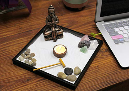 Nature's Mark Mini Zen Garden Kit for Desk with Rake, White Sand, Buddha Figures, Tea-Light Holder Black Square Base, River Rocks and Crystal (9Lx9W B)
