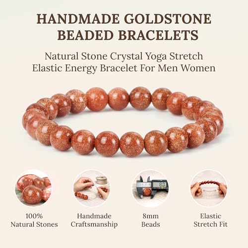 Elm City Direct 8mm Natural Stone Beaded Bracelet – Unisex Crystal Stretch Bracelets for Men & Women, Chakra & Healing Jewelry, Gift-Ready Beaded Bracelets - color: Gold Stone