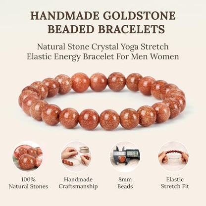 Elm City Direct 8mm Natural Stone Beaded Bracelet – Unisex Crystal Stretch Bracelets for Men & Women, Chakra & Healing Jewelry, Gift-Ready Beaded Bracelets - color: Gold Stone
