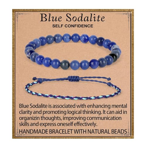 QOGIR 2pcs Handmade Healing Bracelet, Natural Gem Stone Crystal Elastic Bracelet - color: Blue Sodalite(Self Confidence), size: 6mm