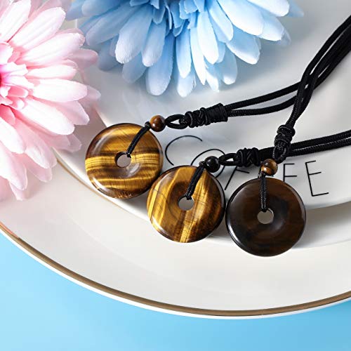 Jovivi 30mm Circle Donut Healing Crystals Necklace Natural Semi-Precious Chakra Gemstone Stone Amulet Lucky Coin Donuts Charm Protection Quartz Reiki Pendant Necklace for Men Women Adjustable Rope - color: Tiger Eye