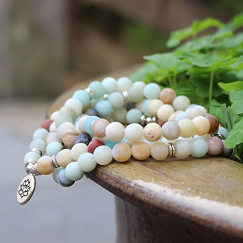 8mm 108 Mala Beads Wrap Bracelet Necklace for Yoga Charm Bracelet Natural Gemstone Jewelry for Women Men - color: Amazonite with lotus
