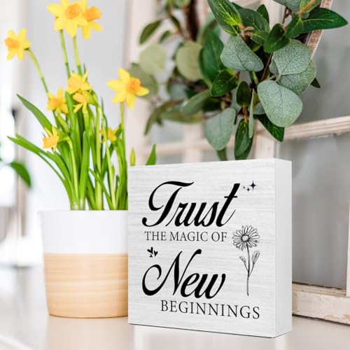 Inspirational Desk Decor for Women, Trust the Magic of New Beginnings Wood Box Sign, Small Motivational Living Room Bedroom Shelves Desk Decor Signs 5x5x1 INCH - style: Trust the Magic