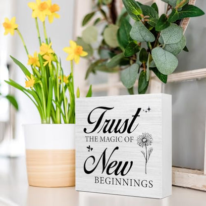 Inspirational Desk Decor for Women, Trust the Magic of New Beginnings Wood Box Sign, Small Motivational Living Room Bedroom Shelves Desk Decor Signs 5x5x1 INCH - style: Trust the Magic