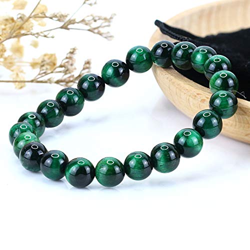 Natural Gemstones Bracelet 8mm Chakra Round Beads Energy Power Crystal Reiki Healing Elastic Stretch 7 Inch for Women Men Unisex - color: Green Tiger Eye