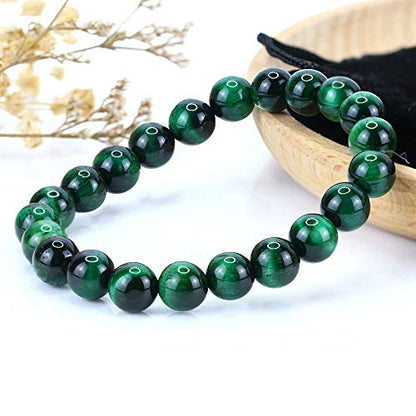 Natural Gemstones Bracelet 8mm Chakra Round Beads Energy Power Crystal Reiki Healing Elastic Stretch 7 Inch for Women Men Unisex - color: Green Tiger Eye