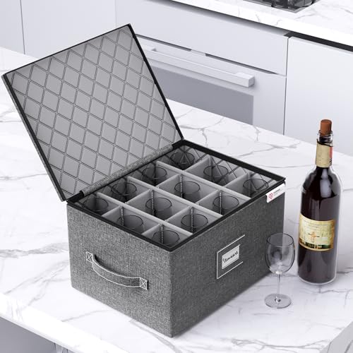 Wine Glass Storage Box with Dividers,Hard Shell and Stackable Stemware Storage Containers with Sturdy Handle for Glassware Crystal Storage and Transport,Grey,Holds 12 - style: 1 Pack Wine Glass Storage