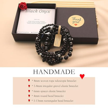 5Pcs Healing Crystal Bracelet for Women Men, Handmade Adjustable Gemstone Bracelets Beaded Reiki Energ Bracelet Set Jewelry Gifts for Women Men - color: Black Onyx