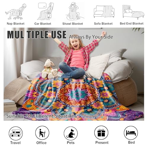 Meditation Mandala Blanket 30x40 Inch, Boho Vibrant Floral Fleece Throw Blanket for Couch Bed, Indian Hippie Bohemian Soft Blankets Cozy Lightweight Flannel Small Blankets Warm for All Season