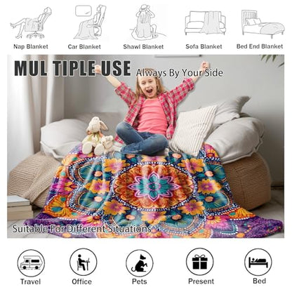 Meditation Mandala Blanket 30x40 Inch, Boho Vibrant Floral Fleece Throw Blanket for Couch Bed, Indian Hippie Bohemian Soft Blankets Cozy Lightweight Flannel Small Blankets Warm for All Season