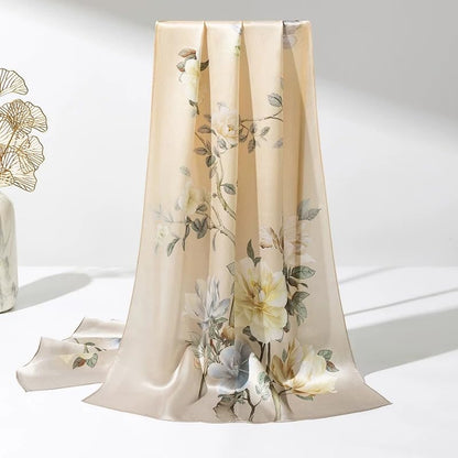 100% Mulberry Silk Long Scarf for Women Large Shawls for Headscarf and Neck- Oblong Hair Wraps with Gift Packed - color: Floral-pale Yellow
