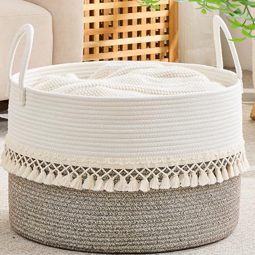 KAKAMAY Cotton Rope Storage Basket (20"x13"),Woven Hamper for Blankets,Toys,Pillows,Clothes,Laundry,Sturdy Handles Decorative Basket for Living Room, Bedroom,Nursery(Beige Fringe) - color: Beige Fringe